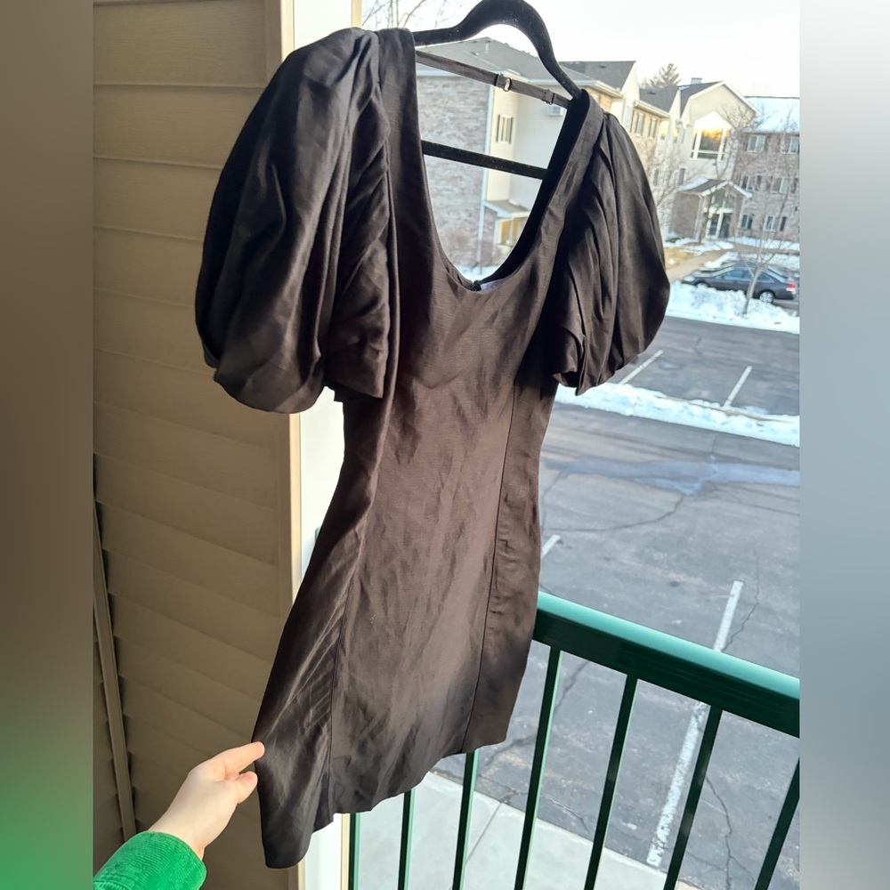 🆕 FRAME Noir Puff Sleeve Mini Dress S/P Black Viscose Linen Blend Party Office - Picture 7 of 17